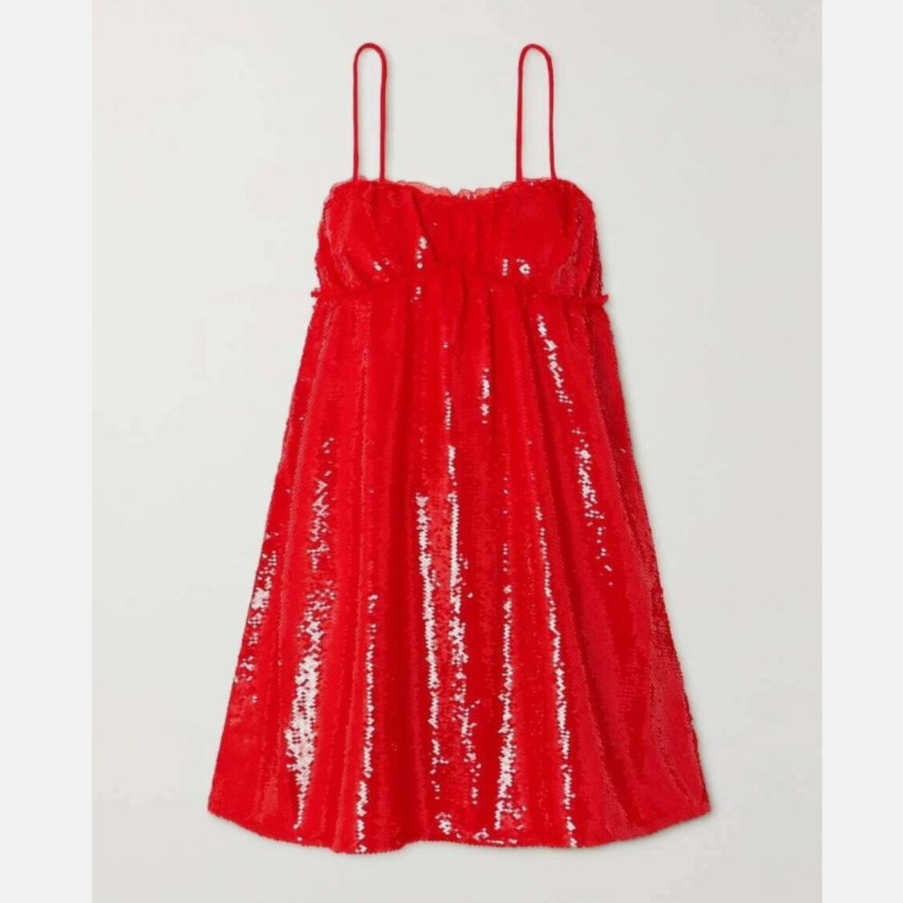 Ganni Ruffle Trim Red Sequin Babydoll Mini Dress